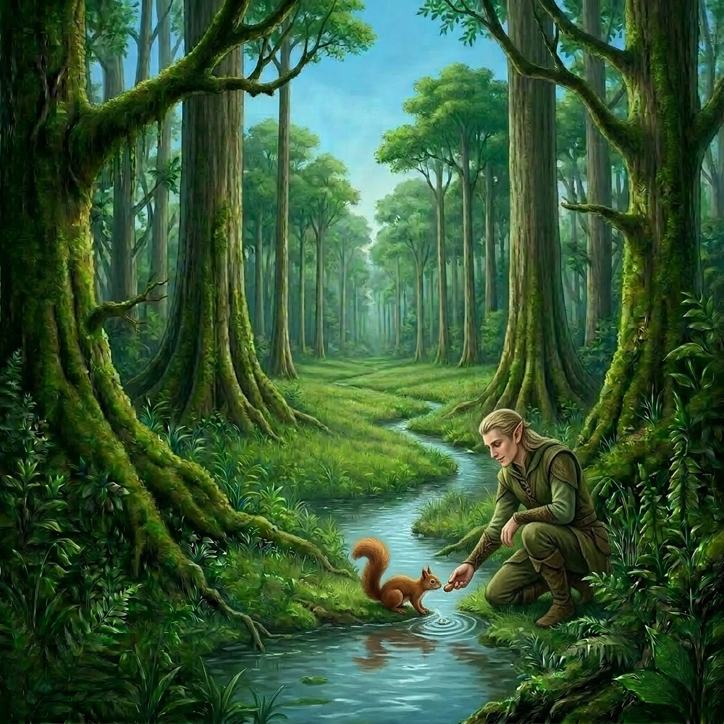 Child kneeling in forest handing acorns to squirrel surrounded by large trees and owls