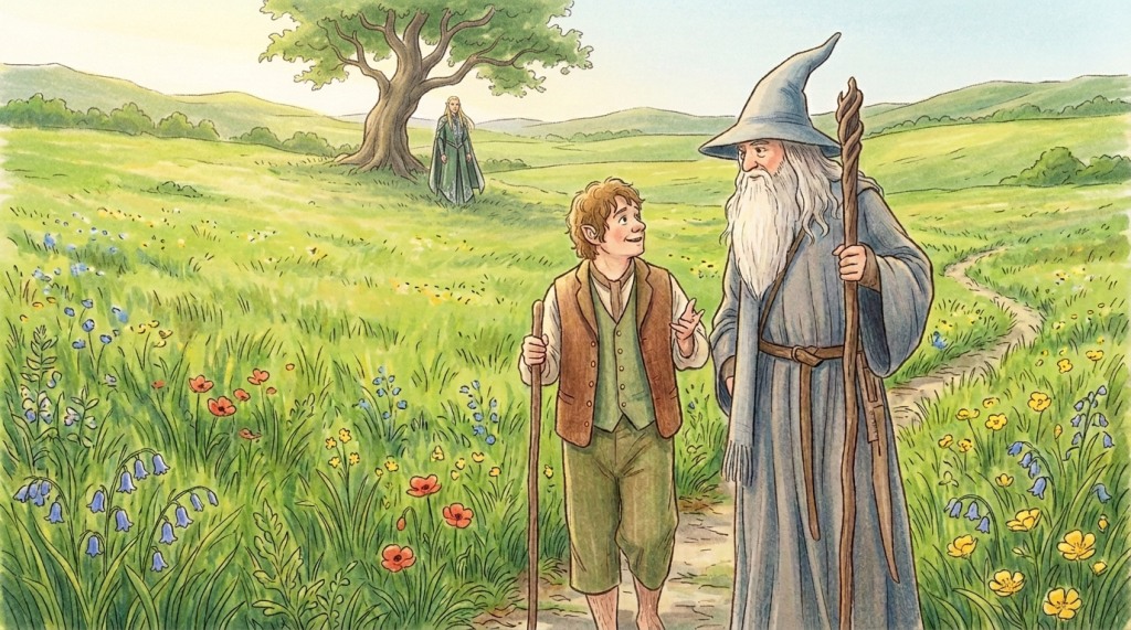 A hobbit holding a walking stick converses with a wizard in a pointed hat and robe on a stone path in a forest village